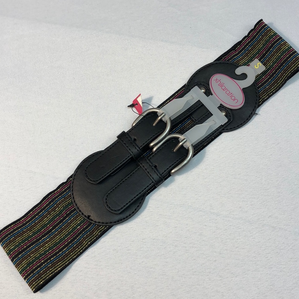Stretchy Striped Belt Multi Color Metallic Buckle